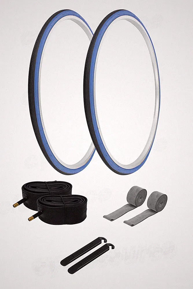 27 x 1 1/4 Bicycle Black/ Blue Wall Tires + Tubes Bike Touring Road Slick PRO+